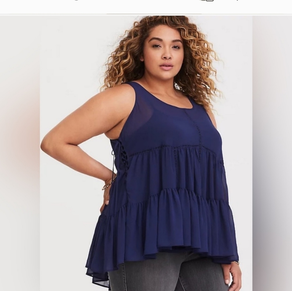 Torrid Chiffon lace up tiered sheer tank top size 6 babydoll peasant blouse navy